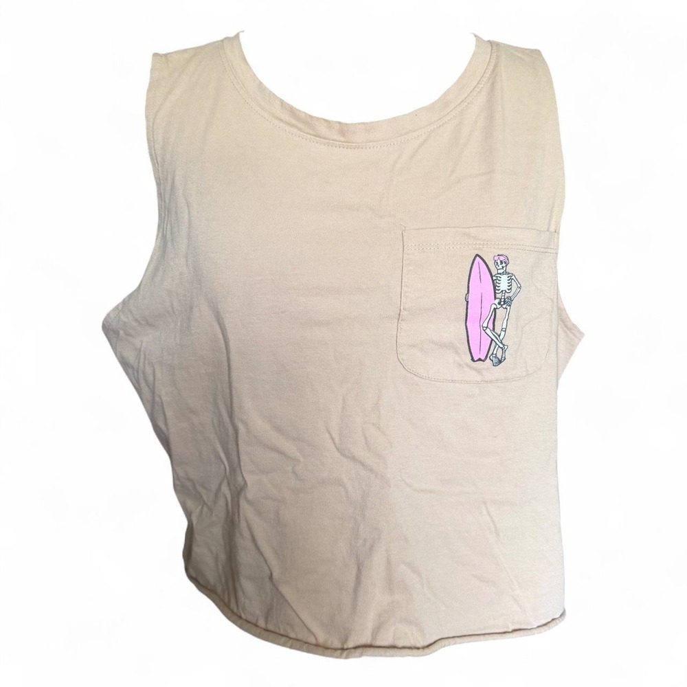 Messy Buns Lazy Days tan tank top skeleton surfing "Born To Surf" size large